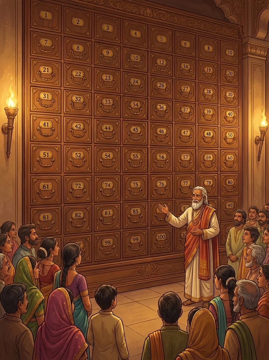 A grand hall with exactly 100 ornate wooden lockers numbered 1-100 arranged in a 10x10 grid on the wall. Each locker has a brass number plate and an elegant handle. In the foreground, a wise old minister in traditional Indian robes gestures toward the lockers while addressing a crowd of 100 people of various ages (including young prince Khoisnam in the front). The lockers have a vintage, treasure-chest-like appearance. Art style: Detailed illustration with perspective showing depth, warm lighting from torches on the walls.